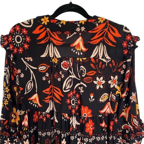 Easel Black Floral Boho Blouse Womens Size Small Ruffle Rayon Tie Tunic Top Fall - Picture 7 of 10